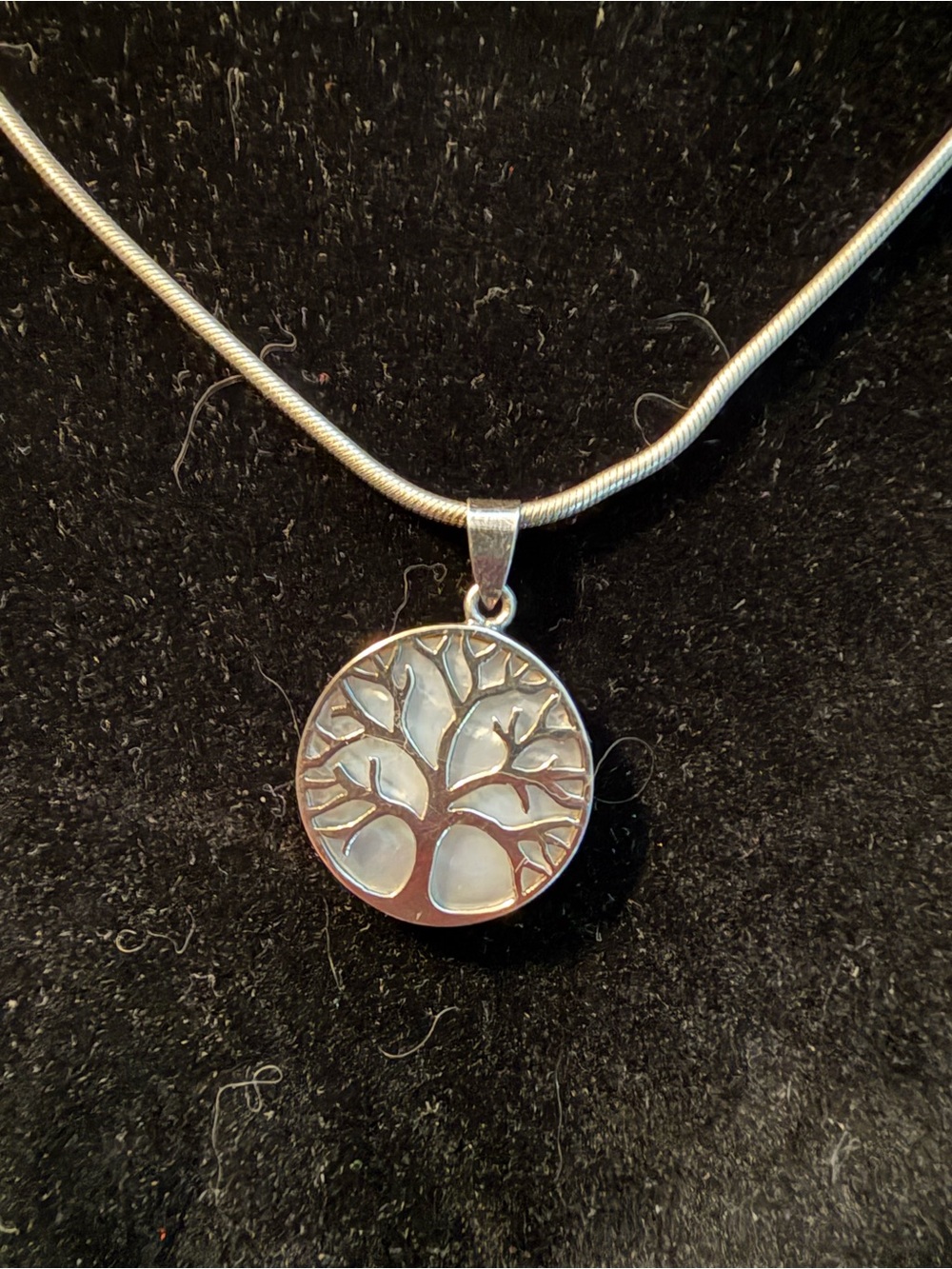 Tree of Life necklace, sterling over mother of pearl